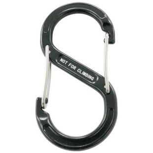 Karabijnhaak dubbel S-biner met veiligheidsclip zwart aluminium